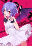  1girl :p bat_wings blush breasts claw_pose covering_mouth cowboy_shot dress fingernails hair_between_eyes hair_ribbon hand_over_own_mouth hands_up jpeg_artifacts komazuki_(komaworks240) leaning_to_the_side pink_nails purple_hair red_background red_eyes remilia_scarlet ribbon short_dress short_hair slit_pupils small_breasts smile solo spread_wings standing tongue tongue_out touhou white_dress white_ribbon wings wristband 