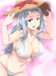  1girl armpits arms_up bikini boku_no_hero_academia breasts cafekun cleavage commentary_request eri_(boku_no_hero_academia) forehead hands_on_headwear hat highres horn large_breasts leaning_forward long_hair navel older open_mouth pink_background red_eyes silver_hair simple_background smile solo sun_hat swimsuit thighs upper_body white_bikini 