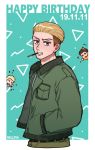  1boy birthday blonde_hair blue_background blue_eyes chibi chibi_inset food green_jacket hair_pulled_back hair_slicked_back hands_in_pockets highres jacket looking_at_viewer male_focus marcel_galliard military nelldya parted_lips pocky porco_galliard reiner_braun shingeki_no_kyojin undercut 