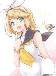  &gt;_&lt; 1girl aki_no_koto aqua_eyes bare_shoulders blonde_hair bow bracelet chibi finger_to_cheek flat_chest hair_bow hair_ornament hairclip hanging headphones headset jewelry kagamine_len kagamine_rin open_mouth sailor_collar shirt short_hair sleeveless sleeveless_shirt smile solo vocaloid yellow_nails 