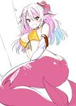  1girl :d absurdres ass bare_shoulders bikini blush bow breasts brown_eyes elbow_gloves eyebrows_visible_through_hair gloves hair_between_eyes hair_bow head_fins highres large_breasts looking_at_viewer matsunoki_(unknown_751) mermaid monster_girl open_mouth original pink_hair red_bow shell_hair_ornament smile solo swimsuit yellow_bikini 