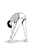  1girl bent_over boyshorts exercise greyscale highres looking_at_viewer monochrome nikaidou_kou original shirt shoes short_hair short_sleeves simple_background solo standing stretch t-shirt white_background 