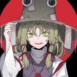  1girl arm_up asymmetrical_eyebrows bangs blonde_hair blurry commentary_request depth_of_field detached_sleeves fangs grey_eyes hair_between_eyes hair_ribbon hand_on_headwear hat highres hisha_(kan_moko) holding long_sleeves looking_at_viewer medium_hair moriya_suwako neckwear ofuda open_mouth parted_bangs purple_vest red_ribbon ribbon shadow shirt solo touhou turtleneck upper_body vest white_shirt wide_sleeves yellow_eyes yellow_nails 