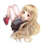  1girl bangs bare_legs blonde_hair blunt_bangs blush boots brown_dress dress eyebrows_visible_through_hair full_body holding holding_stuffed_animal little_red_riding_hood_(sinoalice) long_hair long_sleeves looking_at_viewer open_mouth red_eyes red_footwear short_dress simple_background sinoalice solo stuffed_animal stuffed_dog stuffed_toy teroru upper_teeth white_background 