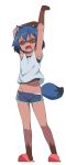  1girl animal_ears arm_up armpits blue_eyes blue_hair blue_shorts brand_new_animal bubukka closed_eyes commentary_request fangs full_body furry highres kagemori_michiru midriff navel open_mouth panties panties_under_shorts red_footwear short_hair shorts simple_background solo standing tail tears teeth underwear white_background white_panties 