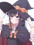  1girl adjusting_clothes adjusting_hat artist_name asashio_(kantai_collection) black_hair blue_eyes blush bow bowtie cape commentary_request eyebrows_visible_through_hair gloves halloween halloween_costume hands_on_headwear hat kantai_collection long_hair long_sleeves orange_bow remodel_(kantai_collection) school_uniform shirt solo totto_(naka) upper_body white_shirt witch_hat 