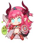  1girl :&gt; armor bikini_armor black_legwear blue_eyes blush chibi closed_mouth crossover dragon_horns dragon_quest dragon_tail earrings elizabeth_bathory_(brave)_(fate) elizabeth_bathory_(fate)_(all) fate/grand_order fate_(series) full_body gauntlets hairband holding holding_shield holding_sword holding_weapon horns jewelry long_hair pink_hair pointy_ears red_footwear rosette_(yankaixuan) shield simple_background slime_(dragon_quest) smile spiked_boots sword tail thighhighs weapon white_background 