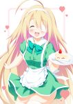  1girl :d ^_^ ahoge apron bangs blonde_hair blurry blurry_background blush bow breasts cake closed_eyes collared_dress commentary_request depth_of_field dress eyebrows_visible_through_hair eyepatch facing_viewer food fork frilled_apron frills fruit green_bow green_dress hair_between_eyes hairband heart highres holding holding_plate long_hair medical_eyepatch open_mouth original plate puffy_short_sleeves puffy_sleeves short_sleeves skindentation slice_of_cake small_breasts smile solo strawberry taira_takehiro thighhighs upper_teeth very_long_hair waist_apron white_apron white_hairband white_legwear 