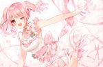  1girl ;d bang_dream! bangs bare_arms bare_shoulders blush breasts brown_ribbon commentary_request dress eyebrows_visible_through_hair flower gloves hair_flower hair_ornament half_gloves highres looking_at_viewer maruyama_aya medium_breasts neck_ribbon one_eye_closed open_mouth outstretched_arm pink_hair pleated_dress red_eyes ribbon sidelocks sleeveless sleeveless_dress smile solo taya_5323203 twintails twitter_username white_dress white_flower white_gloves 