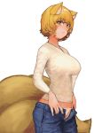  1girl absurdres alternate_costume alternate_eye_color animal_ear_fluff animal_ears bangs beige_shirt blonde_hair blush breasts brown_eyes chanta_(ayatakaoisii) closed_mouth cowboy_shot denim eyebrows_visible_through_hair fox_ears fox_tail from_side hair_between_eyes highres jeans large_breasts looking_at_viewer multiple_tails no_hat no_headwear open_pants pants pink_lips reflective_eyes see-through shiny shiny_hair shirt short_hair sidelocks simple_background slit_pupils solo sweatdrop tail taut_clothes taut_shirt touhou white_background white_pants yakumo_ran 