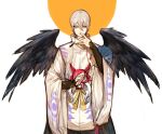  1boy absurdres black_wings blue_eyes copyright_request covering_mouth cowboy_shot fan feathered_wings grey_hair hair_between_eyes hakama hand_over_own_mouth hand_up highres japanese_clothes long_sleeves looking_at_viewer male_focus onmyoji paper_fan parted_lips ribbon rosette_(yankaixuan) smile solo standing white_background wide_sleeves wings yellow_ribbon 