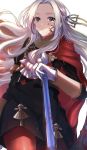  1girl bangs black_jacket black_shorts blood blood_on_face bloody_clothes bloody_hair brown_ribbon cape commentary edelgard_von_hresvelg fire_emblem fire_emblem:_three_houses forehead gloves grey_eyes hair_ribbon highres jacket long_hair long_sleeves looking_at_viewer pantyhose parted_bangs parted_lips puffy_short_sleeves puffy_sleeves red_cape red_legwear ribbon satoimo_chika short_over_long_sleeves short_shorts short_sleeves shorts silver_hair simple_background solo very_long_hair white_background white_gloves 