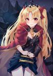  1girl asymmetrical_sleeves bangs between_breasts black_leotard blonde_hair blush bow breasts cape closed_mouth detached_collar earrings ereshkigal_(fate/grand_order) fate/grand_order fate_(series) gold_trim hair_bow highres hoop_earrings infinity jewelry leotard long_hair long_sleeves looking_at_viewer medium_breasts minin982 multicolored multicolored_cape multicolored_clothes necklace parted_bangs red_bow red_cape red_eyes single_sleeve skull solo spine thighs tiara two_side_up yellow_cape 
