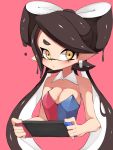  1girl alternate_color aori_(splatoon) black_hair blue_jumpsuit breasts brown_eyes brown_hair chocolate cleavage collar commentary cropped_torso detached_collar domino_mask earrings highres holding_game_controller jewelry liquid_hair long_hair looking_at_viewer mask medium_breasts mole mole_under_eye multicolored_jumpsuit nintendo_switch pink_background pointy_ears red_jumpsuit solo splatoon_(series) splatoon_1 strapless sukeo_(nunswa08) tentacle_hair two-tone_jumpsuit upper_body white_collar 