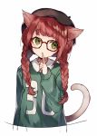  1girl animal_ears black_headwear braid cat_ears cat_girl cat_tail cropped_torso glasses green_eyes green_shirt hair_over_shoulder hand_up index_finger_raised long_hair long_sleeves looking_to_the_side low_twintails original red_hair shirt shugao simple_background sketch solo tail twin_braids twintails white_background 