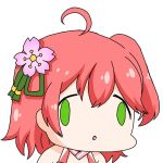  1girl ahoge cherry_blossoms chestnut_mouth commentary_request face_of_the_people_who_sank_all_their_money_into_the_fx flower green_eyes hair_flower hair_ornament hololive meme momo_kimuchi008 one_side_up open_mouth parody pink_hair sakura_miko solo upper_body virtual_youtuber white_background 