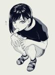  1girl bob_cut commentary fingernails food grey_background greyscale hands_on_own_knees highres looking_at_viewer monochrome mouth_hold nikaidou_kou original popsicle sandals shirt short_hair shorts simple_background solo squatting sweatdrop toenails toes translated 