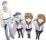  1boy 3girls anchor_symbol arm_hair bangs belt black_headwear black_legwear black_sailor_collar black_skirt blue_eyes brown_eyes brown_hair chest_hair commentary denim eyebrows_visible_through_hair facial_hair flat_cap folded_ponytail freddie_mercury hair_between_eyes hat hibiki_(kantai_collection) highres holding holding_microphone ikazuchi_(kantai_collection) inazuma_(kantai_collection) jeans kantai_collection kneehighs long_hair long_sleeves microphone microphone_stand misumi_(niku-kyu) multiple_girls mustache neckerchief open_mouth pants pantyhose pleated_skirt pun queen_(band) red_neckwear sailor_collar salute school_uniform serafuku short_hair silver_hair simple_background skirt smile tank_top thighhighs twitter_username white_background white_tank_top 