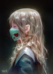  1girl blonde_hair closed_eyes dark_background earrings glowing glowing_hair heart heart_pattern highres jewelry long_hair mask md5_mismatch messy_hair mouth_mask original profile razaras realistic school_uniform signature solo surgical_mask upper_body wavy_hair 