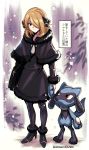  1girl black_dress black_legwear blonde_hair bob_cut check_translation dress fur_collar fur_trim gen_4_pokemon hair_ornament high_heels holding_hands pantyhose pokemon pokemon_(creature) pokemon_(game) pokemon_dppt purple_background riolu shawl shihakuroro shirona_(pokemon) short_hair snow translation_request winter_clothes younger 