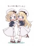  2girls :d artist_name bangs blonde_hair blue_eyes blue_sailor_collar blush chibi commentary_request dress gloves hat janus_(kantai_collection) jervis_(kantai_collection) kantai_collection leg_up looking_at_viewer mary_janes multiple_girls open_mouth parted_bangs puffy_short_sleeves puffy_sleeves sailor_collar sailor_dress sailor_hat shoes short_hair short_sleeves simple_background smile totto_(naka) translation_request white_background white_dress white_gloves white_headwear 