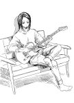  1girl closed_mouth couch crossed_legs electric_guitar greyscale guitar highres holding holding_instrument instrument monochrome music nikaidou_kou no_shoes original pants playing_instrument plectrum sitting socks solo sweater telecaster 
