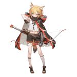  1girl :| animal_ear_fluff animal_ears arknights arm_up arrow asymmetrical_legwear bandaged_arm bandaged_leg bandages bangs blonde_hair bow_(weapon) cape cat_ears closed_mouth ear_piercing fingerless_gloves fox_ears fox_girl fox_tail full_body gauntlets gloves hair_ornament hairclip hand_up holding holding_bow_(weapon) holding_weapon hood kentllaall looking_at_viewer navel official_art open_toe_shoes orange_eyes parted_bangs piercing quiver short_hair solo source_request standing tail transparent_background v vermeil_(arknights) weapon 