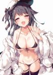  1girl :d azur_lane bad_hands bare_shoulders bikini black_bikini black_hair black_legwear bow breasts cleavage collarbone commentary_request cowboy_shot fang front-tie_bikini front-tie_top fur_trim groin hair_bow half-closed_eyes halter_top halterneck hat highres jacket large_breasts long_hair looking_at_viewer micro_bikini navel off_shoulder one_side_up open_clothes open_jacket open_mouth pamiat_merkuria_(azur_lane) peaked_cap red_eyes side-tie_bikini simple_background skindentation smile solo stomach string_bikini swimsuit thigh_strap thighhighs thighs unacchi_(nyusankin) white_background white_headwear white_jacket 