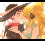  2girls black_jacket black_shirt blazer blonde_hair blue_eyes breasts carnet_(pokemon) cleavage dress_shirt green_shirt grey_hair hair_ornament hand_on_another&#039;s_chest hat ivory_(25680nico) jacket kiss multiple_girls pokemon pokemon_(anime) pokemon_(game) pokemon_bw_(anime) pokemon_xy ponytail popped_collar red_scarf scarf shirona_(pokemon) shirt simple_background sleeveless sun_hat surprise_kiss surprised white_background yuri 