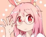  1girl absurdres adjusting_eyewear animal_ears arm_up bespectacled bunny_ears closed_mouth collared_shirt cosplay glasses highres long_hair looking_at_viewer majormilk nonohara_yuzuko nonohara_yuzuko_(cosplay) pink_hair red_eyes reisen_udongein_inaba rimless_eyewear shirt smile solo touhou upper_teeth white_shirt yuyushiki 