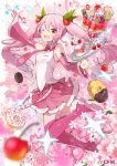  1girl ;d bare_shoulders blurry boots breasts cake cherry cherry_blossoms collared_shirt commentary detached_sleeves doughnut flower food fruit fuku_kitsune_(fuku_fox) hair_ornament hatsune_miku long_hair long_sleeves looking_at_viewer miniskirt necktie one_eye_closed open_mouth outstretched_arms parfait pink_flower pink_footwear pink_hair pink_skirt plate pleated_skirt red_eyes sakura_miku shirt skirt slice_of_cake small_breasts smile solo spoon thigh_boots thighhighs twintails vocaloid watermark white_shirt zettai_ryouiki 