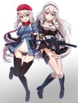  2girls 9a-91 9a-91_(girls_frontline) apron ass_visible_through_thighs assault_rifle beret black_dress black_footwear black_panties blue_dress blue_eyes boots breasts commentary_request cross-laced_footwear detached_collar detached_sleeves dress dual_persona frilled_dress frills garter_straps girls_frontline gradient gradient_background gun hair_ornament hat highres holding_hands juliet_sleeves knee_boots lace-up_boots long_hair long_sleeves looking_at_viewer low_ponytail magazine_(weapon) maid maid_apron maid_headdress medium_breasts multiple_girls navel open_mouth panties pouch puffy_sleeves rabochicken red_headwear rifle scarf scope see-through side-by-side silver_hair star stomach strap thigh_boots thighhighs underwear very_long_hair waist_apron weapon white_background white_legwear zettai_ryouiki 