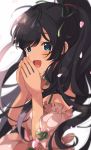  1girl bangs black_hair black_ribbon blue_eyes blush breasts commentary eyebrows_visible_through_hair fang ganaha_hibiki green_ribbon highres idolmaster idolmaster_(classic) idolmaster_million_live! idolmaster_million_live!_theater_days large_breasts long_hair looking_at_viewer messy_hair naijow open_mouth ponytail ribbon smile solo 