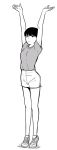  1girl boyshorts exercise greyscale hands_above_head hands_up highres monochrome nikaidou_kou original shirt shoes short_hair short_sleeves simple_background solo standing stretch t-shirt tiptoes white_background 