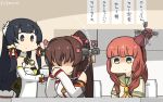  3girls bangs beige_shirt black_hair blunt_bangs braid bridal_gauntlets brown_hair check_translation cherry_blossoms commentary_request curly_hair dated de_ruyter_(kantai_collection) detached_sleeves dining_room dress faceless faceless_female flower food g_gundam gendou_pose green_dress green_eyes green_sailor_collar grey_eyes gundam hair_flower hair_ornament hair_ribbon hair_tubes hamu_koutarou hands_clasped headgear highres indoors jewelry kantai_collection kitchen long_hair looking_at_another looking_down low-tied_long_hair mizuho_(kantai_collection) multiple_girls nether_gundam orange_neckwear own_hands_together ponytail red_hair ribbon ring sailor_collar sailor_shirt shaded_face shirt side_braid sidelocks signature sitting standing translation_request tray very_long_hair wedding_band wide_sleeves windmill yamato_(kantai_collection) 