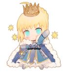  1girl ahoge armor armored_dress artoria_pendragon_(all) blonde_hair blue_dress blue_eyes braid cape chibi crown dress fate/grand_order fate/stay_night fate_(series) faulds full_body fur_trim gauntlets hand_up looking_at_viewer purple_cape rosette_(yankaixuan) saber saint_quartz simple_background solo standing stellated_octahedron white_background 