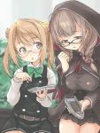  2girls ahoge bangs bespectacled black_dress blush braid breasts brown_eyes brown_hair capelet daihatsu_(landing_craft) double_bun dress eyebrows_visible_through_hair fyuo glasses green_neckwear holding hood hood_up hooded_capelet kantai_collection large_breasts light_brown_hair long_hair michishio_(kantai_collection) multiple_girls open_mouth pinafore_dress remodel_(kantai_collection) shinshuu_maru_(kantai_collection) shirt skirt twin_braids white_shirt 