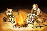  1boy 1girl :d animal_ears arai-san_mansion armor bonfire bottle campfire chosen_undead commentary common_raccoon_(kemono_friends) crossover dark_souls dress epaulettes fire full_armor fur_collar gauntlets helmet kemono_friends knees_to_chest open_mouth outstretched_arms raccoon raccoon_ears raccoon_tail sitting smile souls_(from_software) spread_fingers stick sword tail tenten_(nicoseiga18696142) weapon 