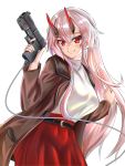  1girl absurdres belt black_belt blush breasts brown_coat coat commentary_request controller fate/grand_order fate_(series) game_controller gun hair_between_eyes head_tilt highres holding holding_gun holding_weapon large_breasts light_gun long_hair long_skirt looking_at_viewer oni_horns pink_hair pose red_eyes red_skirt simple_background skirt smile solo sweater sweater_under_jacket tomoe_gozen_(fate/grand_order) turtleneck turtleneck_sweater very_long_hair weapon white_background white_sweater wire yahan_(mctr5253) 