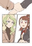  2girls alternate_costume black_jacket blonde_hair blue_eyes brown_hair confused diana_cavendish formal hands_on_another&#039;s_wrists highres jacket kagari_atsuko little_witch_academia long_hair looking_at_another multicolored_hair multiple_girls open_mouth red_eyes simple_background suit surprised tonton_(mathcaca24) yuri 