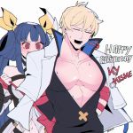  1boy 1girl @_@ bare_chest belt birthday blonde_hair blue_hair blush breasts choker dazed dizzy_(guilty_gear) guilty_gear guilty_gear_strive guilty_gear_xrd hair_ribbon highres husband_and_wife ky_kiske kyou_(ningiou) md5_mismatch pectorals red_eyes ribbon short_hair sigh smile swirling twintails 