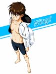  1boy barefoot blue_eyes brown_hair expressionless free! full_body gundam gundam_wing hair_between_eyes heero_yuy highres hood hoodie jammers looking_at_viewer male_focus open_clothes open_hoodie parody rei_(usabiba) short_hair simple_background solo 