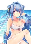  1girl arm_support bangs bare_shoulders beniko_(ymdbnk) bikini blue_bow blue_hair blue_jacket blush bow breasts cleavage closed_mouth collarbone double_bun eyebrows_visible_through_hair feet_out_of_frame front-tie_bikini front-tie_top hair_between_eyes hair_bow hair_intakes halter_top halterneck hand_up highres jacket knee_up long_hair long_sleeves medium_breasts off_shoulder open_clothes open_jacket original red_eyes sidelocks sitting solo swimsuit twintails very_long_hair water white_bikini yellow_bow 