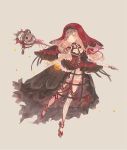  1girl bangs beige_background belt belt_buckle black_dress blonde_hair bloomers blunt_bangs bone breasts brown_belt buckle closed_mouth dress frilled_sleeves frills full_body habit hair_ribbon holding holding_staff keyhole leg_up little_red_riding_hood_(sinoalice) lock long_hair long_sleeves looking_to_the_side multicolored multicolored_clothes multicolored_dress multicolored_legwear padlock red_footwear red_headwear red_ribbon ribbon ringo_(pixiv27995436) shoes simple_background sinoalice skull sleeves_past_fingers sleeves_past_wrists small_breasts smile solo spikes staff standing standing_on_one_leg striped striped_legwear underwear veil yellow_eyes 