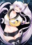  1girl azur_lane bangs bare_shoulders blush breasts cleavage commentary_request eyebrows_visible_through_hair gloves groin hair_between_eyes highres ibara_azuki large_breasts long_hair looking_at_viewer navel open_mouth short_shorts shorts silver_hair siren_(azur_lane) siren_purifier_(azur_lane) smile solo very_long_hair yellow_eyes 