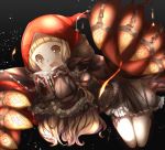  1girl bangs bare_legs black_background blonde_hair blunt_bangs blush book brown_dress chain claws dress eyebrows_visible_through_hair holding holding_book hood hood_up little_red_riding_hood_(sinoalice) long_hair long_sleeves looking_at_viewer open_book open_mouth red_hoodie short_dress simple_background sinoalice sleeves_past_fingers sleeves_past_wrists solo yamai_fake yellow_eyes 