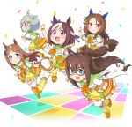  5girls animal_ears blue_eyes bow brown_hair ear_covers ear_ribbon el_condor_pasa eye_mask frilled_skirt frills grass_wonder green_bow grey_hair hair_ornament hairclip half_updo horse_ears horse_girl horse_tail jewelry king_halo long_hair looking_at_viewer mask miniskirt multicolored_hair multiple_girls neckerchief necklace official_art puffy_short_sleeves puffy_sleeves purple_bow purple_eyes red_eyes sailor_collar seiun_sky short_hair short_sleeves skirt special_week tail thighhighs tied_hair transparent_background two-tone_hair umamusume white_hair wristband 