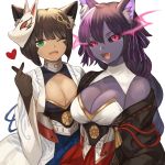  2girls :d ;d absurdres akagi_(azur_lane) akagi_(azur_lane)_(cosplay) animal_ear_fluff animal_ears azur_lane bangs bare_shoulders black_gloves black_hair black_sclera blunt_bangs braid breasts cat_ears character_request cheshire_cat_(monster_girl_encyclopedia) cleavage cleavage_cutout collarbone commission cosplay facial_mark fang flaming_eyes fox_mask fusion gloves green_eyes hair_between_eyes hair_ribbon hand_up heart hellhound_(monster_girl_encyclopedia) highres japanese_clothes kaga_(azur_lane) kaga_(azur_lane)_(cosplay) large_breasts long_hair looking_at_viewer mask mask_on_head monster_girl monster_girl_encyclopedia multicolored_hair multiple_girls one_eye_closed open_mouth pink_eyes purple_hair ribbon short_hair simple_background slit_pupils smile sookmo two-tone_hair white_background wide_sleeves 