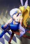  1girl absurdres animal_ears artoria_pendragon_(all) artoria_pendragon_(swimsuit_ruler)_(fate) blonde_hair blue_eyes blue_legwear blue_neckwear braid breasts bunny_ears bunnysuit casino cleavage fate/grand_order fate_(series) feather_boa fishnet_legwear fishnets french_braid hair_between_eyes high_heels highleg highleg_leotard highres large_breasts leotard long_hair looking_at_viewer moruga navel_cutout on_table pantyhose ponytail roulette_table solo table white_footwear white_leotard wrist_cuffs 