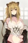  1girl animal_ear_fluff animal_ears arknights bangs bare_shoulders black_choker black_jacket blonde_hair blush breasts brown_eyes choker cleavage collarbone commentary denken eyebrows_visible_through_hair fur-trimmed_sleeves fur_trim gradient gradient_background grey_background groin hair_between_eyes highres jacket large_breasts lion_ears lion_tail long_hair long_sleeves looking_at_viewer midriff navel off_shoulder open_clothes open_jacket out-of-frame_censoring parted_lips sidelocks siege_(arknights) solo stomach strap_slip tail tank_top upper_body white_tank_top 
